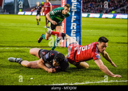 Manchester, Großbritannien. 26 April 2018, AJ Bell Stadium, Manchester, England; Betfred Super League Rugby, Runde 13, Salford Roten Teufel v St Helens; Jonny Lomax von St Helens geht über keine versuchen Credit: Aktuelles Bilder/Alamy leben Nachrichten Stockfoto