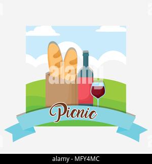 Picknick Emblem mit Beutel mit Brot und Wein bottleover Landschaft und weißem Hintergrund, farbenfrohen Design. Vector Illustration Stock Vektor