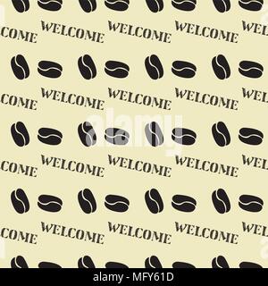 Nahtlose Muster Hand gezeichnet Schriftzug willkommen und Kaffeebohnen, Vektor illustration Stock Vektor