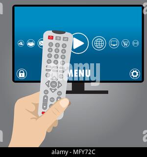 Hand mit einem TV mit Fernbedienung steuern, smart Fernsehgerät, einen Vektor illustration Stock Vektor