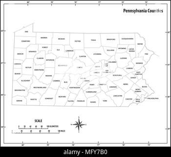 Pennsylvania State Umrisse administrative und politische Vektorkarte in Schwarz und Weiß Stock Vektor