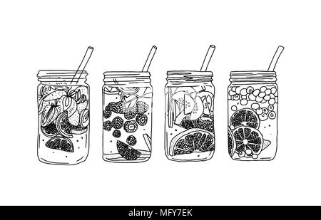 Vektor Sommer Eis trinken mit Zitrusfrüchten und Beeren. Zitrone und Minze. Detox wasser Skizze. Lineare Abbildung. Stock Vektor