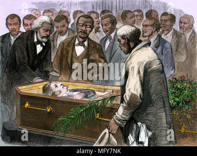Frederick Douglass führenden schwarzen Trauernde an Charles Sumner's Funeral, 1874. Hand - farbige Holzschnitt Stockfoto