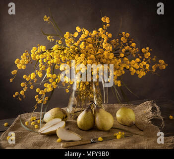 Schönes ruhiges Leben mit Mimosen und Birnen Stockfoto