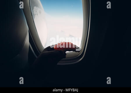 Sandwich mit rotem Kaviar Hintergrund Flugzeug Fenster Stockfoto