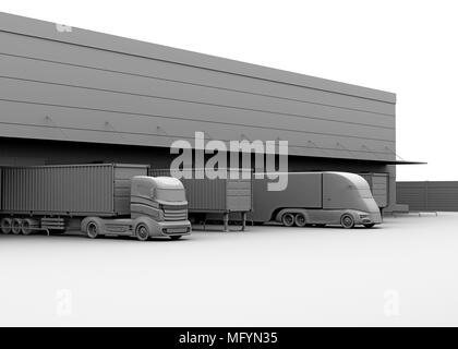 Modell aus Ton Rendering von elektrostaplern Parkplatz vor der modernen Logistik Center. 3D-Bild. Stockfoto