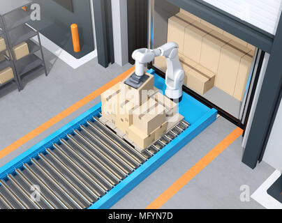 Industrie roboter Kommissionierung Pakete aus LKW-Ladung container. Logistik Automation Konzept. 3D-Bild. Stockfoto