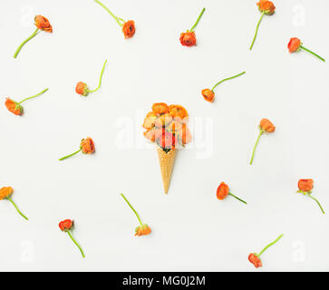 Waffel Kegel mit orange buttercup Blumen auf weißem Hintergrund, Flachbild-lay Stockfoto