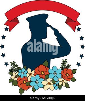 Silhouette der militärischen salutierte mit Blumendekor Vector Illustration Design Stock Vektor