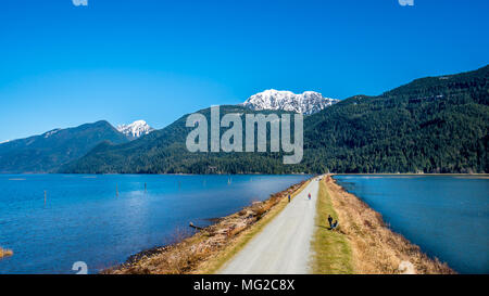 Der Deich trennt Pitt See und Pitt-Addington Sumpf durch die schneebedeckten Gipfel der Coast Mountain von British Columbia umgeben Stockfoto