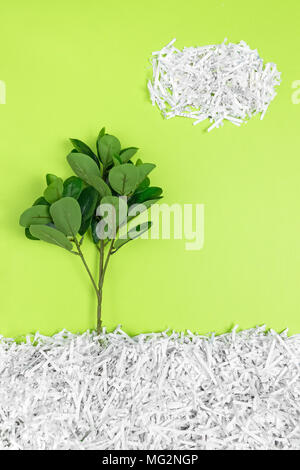 Grüner Baum in recyceltem zerrissenes Papier, auf hellen grünen Hintergrund. Umweltschutz und Recycling Konzept. Stockfoto