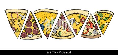 Pizza Hand gezeichnet Vector Illustration. Pizza Scheiben in Stücken von Ecken. Design Template. Stock Vektor