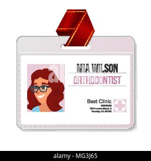 Kieferorthopäde Ausweis Vektor. Frau. Platzhalterkarte aus Kunststoff. Arzt. Krankenhaus. Medizinische Person. Isolierte Abbildung Stock Vektor