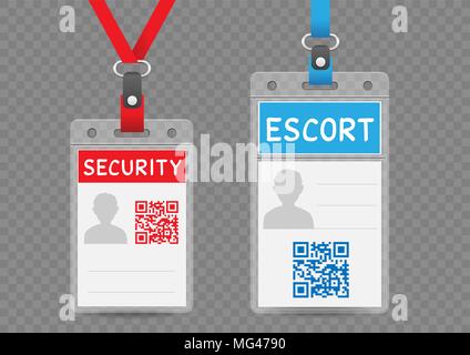 Security Escort vertikale Abzeichen leere Vorlage mit Blau und Rot lanyard auf transparentem Hintergrund. Die Identifizierung ID Card mockup eingestellt Stock Vektor