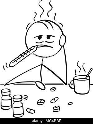 Cartoon von Mann oder Geschäftsmann krank mit Grippe oder Erkältung zu kurieren Sie Sich von Thermometer, heißen Tee und Pillen oder Tabletten Stock Vektor