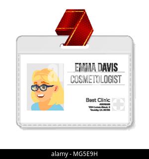 Kosmetiker Ausweis Vektor. Frau. Name Tag Vorlage. Gesundheit. Arzt. Facharzt. Isolierte flache Zeichentrickfigur Abbildung Stock Vektor