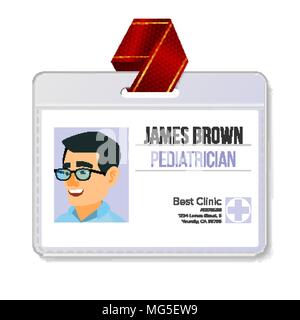 Kinderarzt medizinische Ausweis Vektor. Man. Name Tag Vorlage. Medizin. Gesundheit. Facharzt. Isolierte flache Zeichentrickfigur Abbildung Stock Vektor