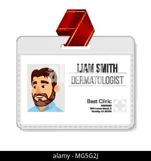 Dermatologe Ausweis Vektor. Man. Platzhalterkarte aus Kunststoff. Krankenhaus. Gesundheit. Spezialist Person. Flache Zeichentrickfigur Abbildung Stock Vektor