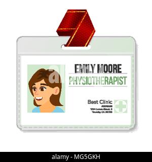 Physiotherapeut Ausweis Vektor. Frau. Id-Karte leer. Klinik. Krankenhaus. Spezialist Person. Flache Zeichentrickfigur Abbildung Stock Vektor