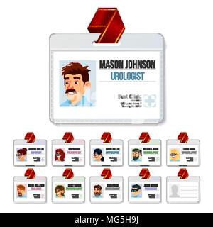 Medizinische Kennzeichnung Badge Set Vektor. Frau, Mann. Name Tag Vorlage. Gesundheit. Arzt. Face ID. Facharzt. Isolierte flache Zeichentrickfigur Abbildung Stock Vektor