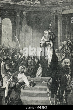 Maria Theresia und das ungarische Parlament, Triumphierend hielt ihre Sohn Joseph vor der Diät von Ungarn, Pressburg, September 1741 Stockfoto