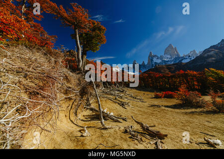 Blick auf den Berg Fitz Roy Nationalpark Los Glaciares tagsüber. Herbst in Patagonien, der Argentinischen Seite Stockfoto