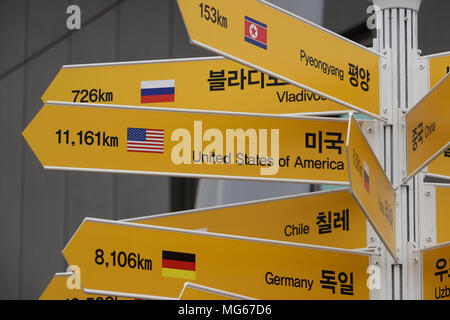 Schild am Imjingak, Südkorea in der Nähe der DMZ zeigt die Entfernung der verschiedenen Länder von diesem berüchtigten Stelle, wo die Hoffnung auf Wiedervereinigung in Hülle und Fülle Stockfoto