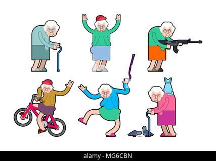 Cool Großmutter. Oma Rock Handzeichen. Auf dem Fahrrad und Tanzen. Mit Gewehr und Cat. Alte Dame im Cap. Vector Illustration Stock Vektor