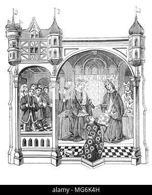 1. John Talbot, Graf von Shrewsbury und 1. Earl of Waterford KG (1384/1387 - vom 17. Juli 1453), ein bekannter englischer militärischer Befehlshaber während des Hundertjährigen Krieges, präsentiert ein Buch zu König Heinrich VI. Talbot war ein mutiger Soldat, der die Armee mit Kapitäne und Leutnants reorganisiert, trainiert die Männer für Belagerungen, und versehen Sie diese entsprechend und seine Marke Taktik war schnelle aggressive Angriffe. Stockfoto