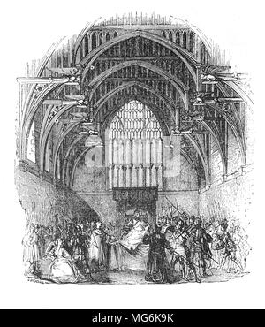 Unterzeichnung eines Vertrags zwischen König Heinrich VI. und Richard von York, 3. Herzog von York, auch als Richard Plantagenet in Westminster Hall bekannt. Richard war in verschiedenen Niederlassungen in Irland, Frankreich und England - ein Land, das er letztlich unterliegt als Lord Protector während der Wahnsinn von König Heinrich VI. Seine Konflikte mit Henry's Frau, Margaret von Anjou, und andere Mitglieder von Henry's Court, nicht seine konkurrierenden Anspruch auf den Thron zu erwähnen, waren eine Hauptursache der Kriege der Rosen. Stockfoto