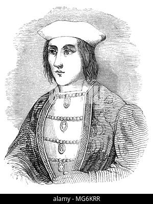 Ein Porträt von Edward IV (1442-1483), König von England ab 4. März 1461 bis 3. Oktober 1470 und vom 11. April 1471 bis zu seinem Tod. Er war der erste Yorkist König von England. In der ersten Hälfte seiner Herrschaft wurde durch die Gewalt der Kriege der Rosen verbundenen getrübt, aber er überwand die Lancastrian Herausforderung auf den Thron an Tewkesbury in 1471 Regierungszeit in Frieden bis zu seinem plötzlichen Tod, möglicherweise fromPneumonia und Typhus, Gift auch vorgeschlagen worden ist oder eine ungesunde Lebensweise, wie er Stout und inaktiv in den Jahren vor seinem Tod geworden war. Stockfoto