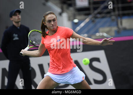 Minsk, Weißrussland. 21. April 2018. Aliaksandra Sasnovich (BLR) während einer FedCup gegen Jana Cepelova (SVK) an Chizhovka Arena in Minsk, Belarus gespielt wird Stockfoto