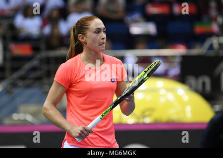 Minsk, Weißrussland. 21. April 2018. Aliaksandra Sasnovich (BLR) während einer FedCup gegen Jana Cepelova (SVK) an Chizhovka Arena in Minsk, Belarus gespielt wird Stockfoto