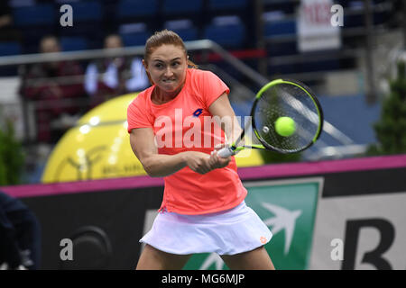 Minsk, Weißrussland. 21. April 2018. Aliaksandra Sasnovich (BLR) während einer FedCup gegen Jana Cepelova (SVK) an Chizhovka Arena in Minsk, Belarus gespielt wird Stockfoto