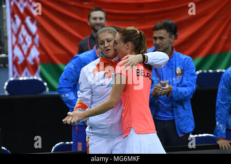 Minsk, Weißrussland. 21. April 2018. Aliaksandra Sasnovich (BLR) während einer FedCup gegen Jana Cepelova (SVK) an Chizhovka Arena in Minsk, Belarus gespielt wird Stockfoto