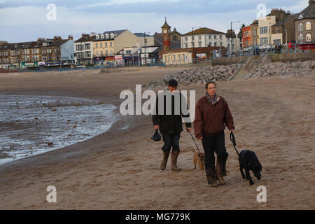 North Beach Morecambe, Lancashire, Großbritannien, 27. April 2018 Diese Woche Ende sehen das letzte mal Leute Hunde an der Morecambe Nord und Süd Stränden laufen kann als die jährliche Hund Verbot tritt in Kraft Am 1. Mai, durch die Sommerferien bis September. Credit: Fotografieren Nord/Alamy leben Nachrichten Stockfoto