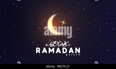 Ramadan vector Hintergrund. Arabisch kalligraphische Text des Ramadan Kareem. Nacht Sternenhimmel hellen Mond, Licht einen halben Monat. Design Grußkarte, Banner, Poster. Traditionelle islamische heilige Urlaub Stock Vektor