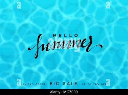 Sommer Hintergrund, blaue Meer und handschriftliche Kalligraphie, Schrift Hallo Sommer Stock Vektor