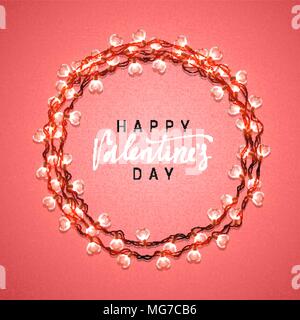 Happy Valentines Tag. Schriftzug Grußkarten Inschrift handgefertigt. Leuchtende Lichter Kranz liebe Urlaub. Design hell Retro Hintergrund. Girlanden Deko in Form von roten Herzen Stock Vektor