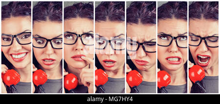 Junge Frau wechselnde Gefühle von glücklich, wütend, während dem Telefonieren Stockfoto
