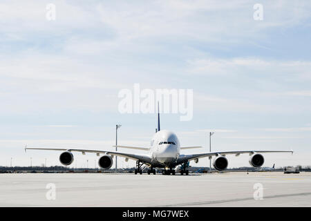 A380-800, A380, Lufthansa, Flugzeuge, Flugzeug, Flugzeug, Flughafen München, München, Deutschland, Stockfoto