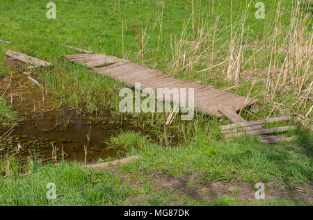 Frühling Landschaft mit einer alten hölzernen Fußgängerbrücke über kleine Strom Stockfoto