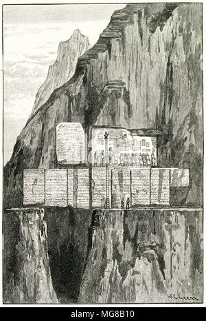 Gravur von Sir Henry Rawlinson kopieren die Inschrift des Behiston Rock. Von einem ursprünglichen Gravur in der Ausgabe 1895 der Götzen in den Felsen, von Samuel Kinns Stockfoto