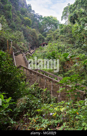 Blick auf leere Treppe zum Tham Chang (oder Jang oder Jung) Höhle und üppige Vegetation in Vang Vieng, Laos, gesehen von unten. Stockfoto