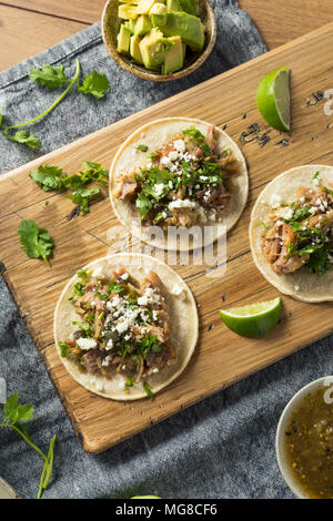 Hausgemachte Schweinefleisch Carnitas Tacos mit Koriander und Cojita Stockfoto