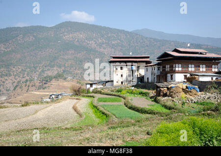 Häuser des Dorfes und terrassierten Feldern, Sopsokha, Bhutan Stockfoto