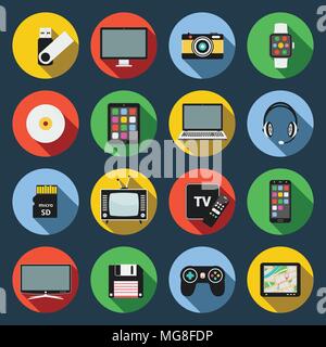 Gadget flachbild Symbole. Computer, Laptop, Tablet, Memory Card, Kamera, Smartphone und andere Vector Illustration Stock Vektor