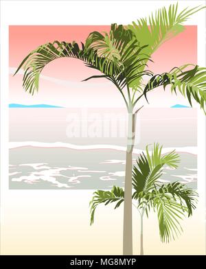 Areca Palmen und sunset beach Hintergrund 80er Jahre Stil Stock Vektor