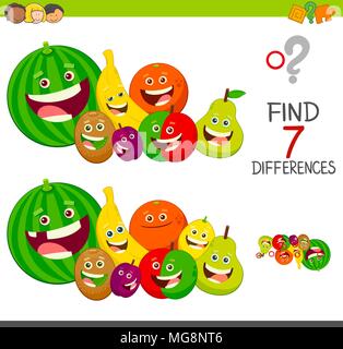 Cartoon Illustration des Findens Sieben Unterschiede zwischen Bilder pädagogische Tätigkeit Spiel für Kinder mit Früchten Zeichen Gruppe Stock Vektor