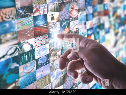 Montage von Wissenschaft und Technologie Bilder mit Finger drücken der Taste Monitor. Stockfoto